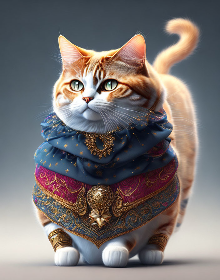 Orange Tabby Cat with Green Eyes in Blue and Gold Scarf and Jewelry on Grey Background