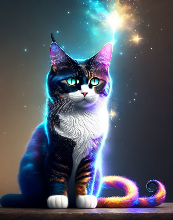 Vibrant digital illustration: Blue cat with galaxy pattern under celestial light