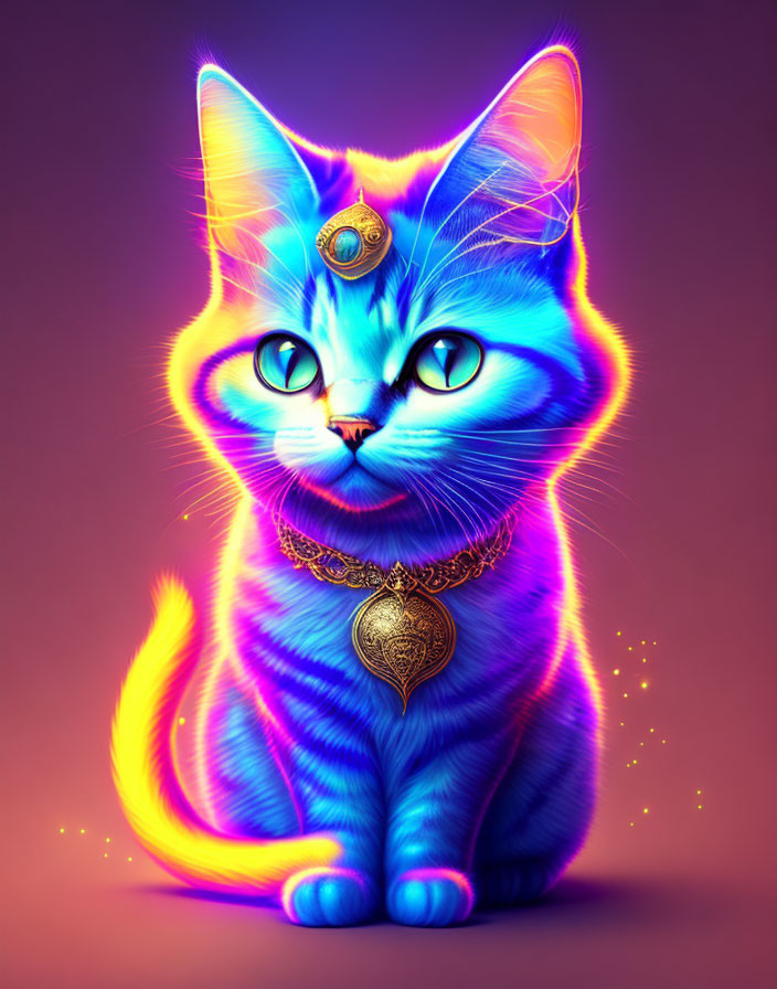 Colorful digital artwork: Blue-striped cat with glowing outlines, golden necklace, and gem-encr