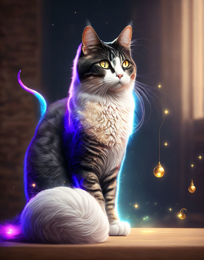 Glowing whiskers and tail on majestic cat by window