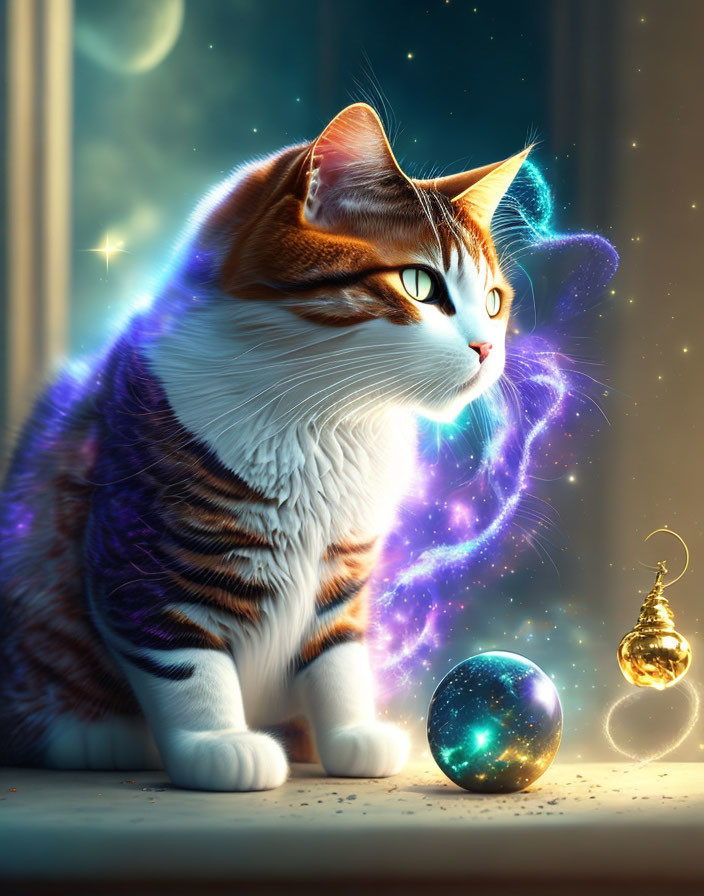 Cosmic energy cat with stars, orb, and golden bauble by window