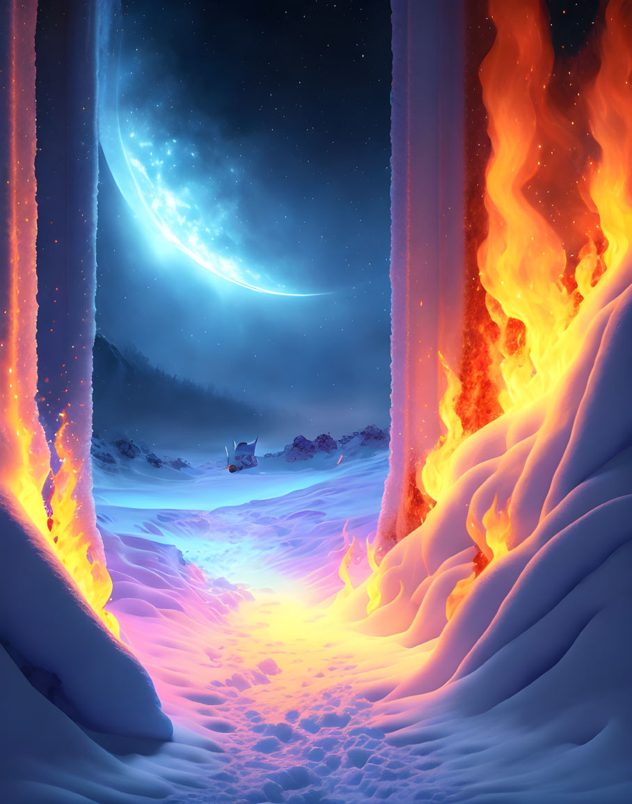 Surreal Landscape: Fiery Orange Passage to Snowy Scene