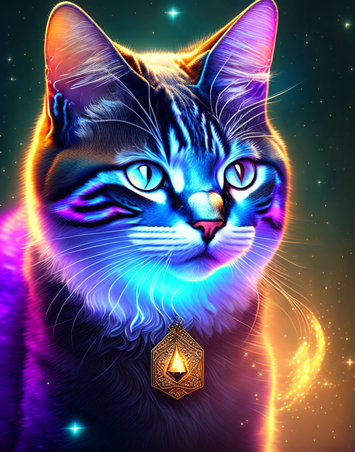 Colorful digital art: Cat with blue and purple hues, cosmic backdrop, glowing pendant