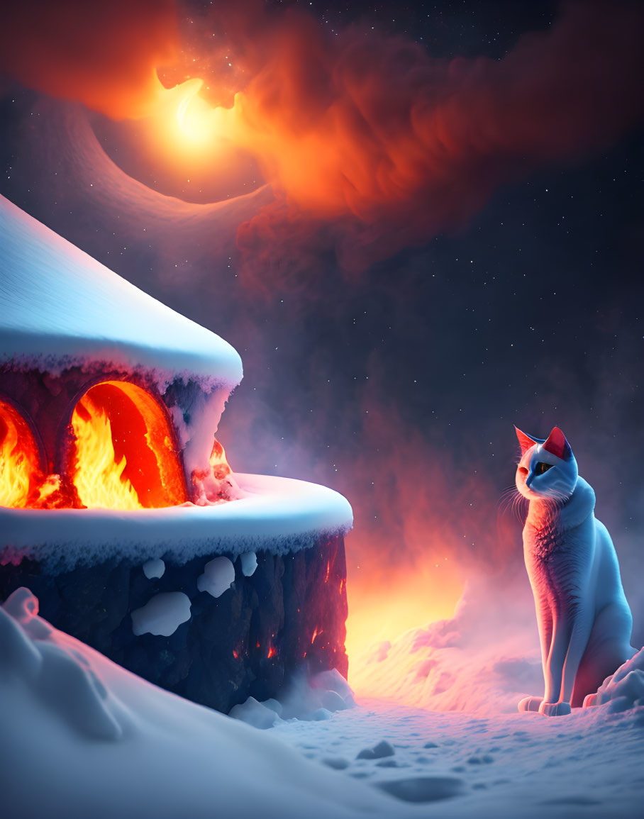 Cat in Snowy Night Landscape with Cozy House & Fiery Sky