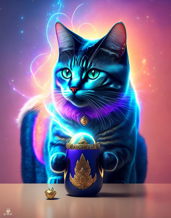 Majestic cat with cosmic aura near royal blue cup