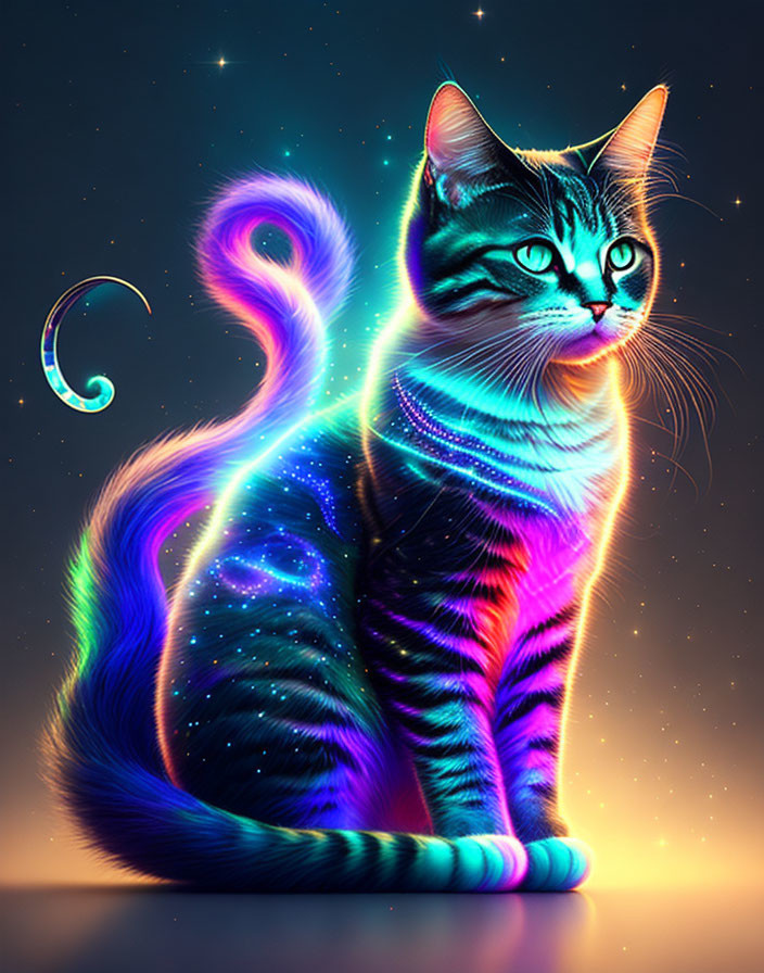 Colorful digital artwork: Cat with neon stripes on starry gradient.