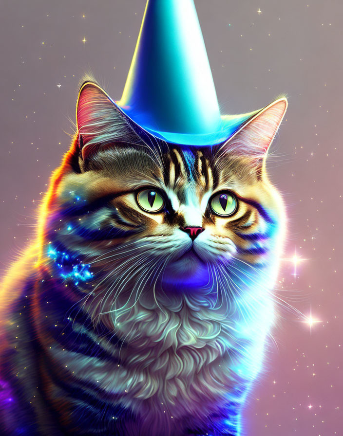 Vibrant cat illustration with party hat and cosmic patterns