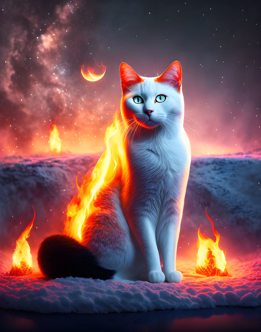 White Cat with Blue Eyes in Mystical Landscape with Orange Streaks