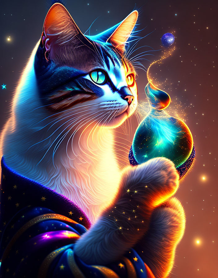 Colorful Cosmic Cat Illustration with Celestial Theme