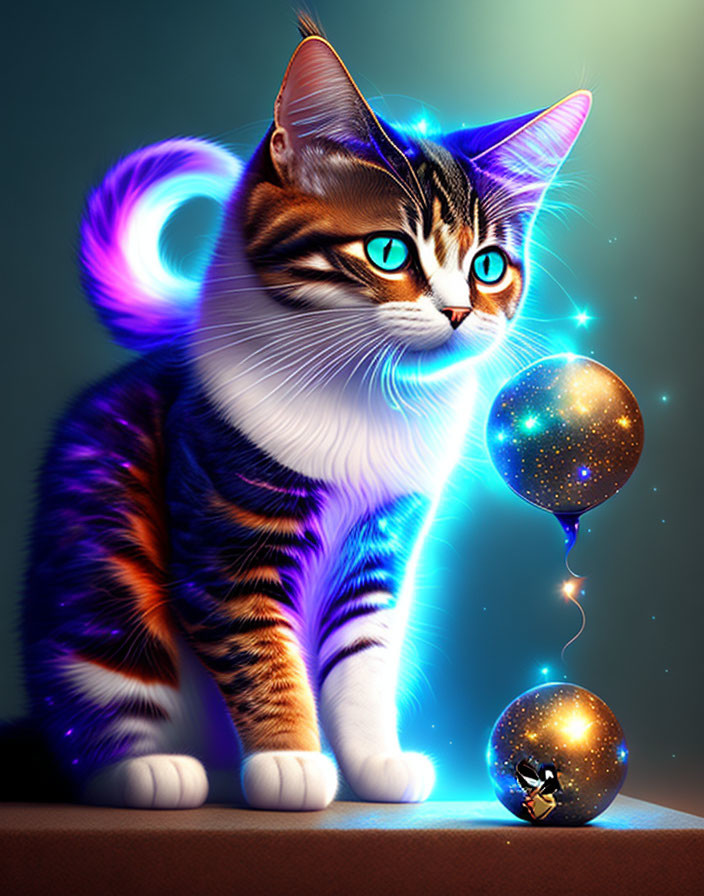 Colorful Digital Artwork: Cat with Blue Eyes and Cosmic Balloon