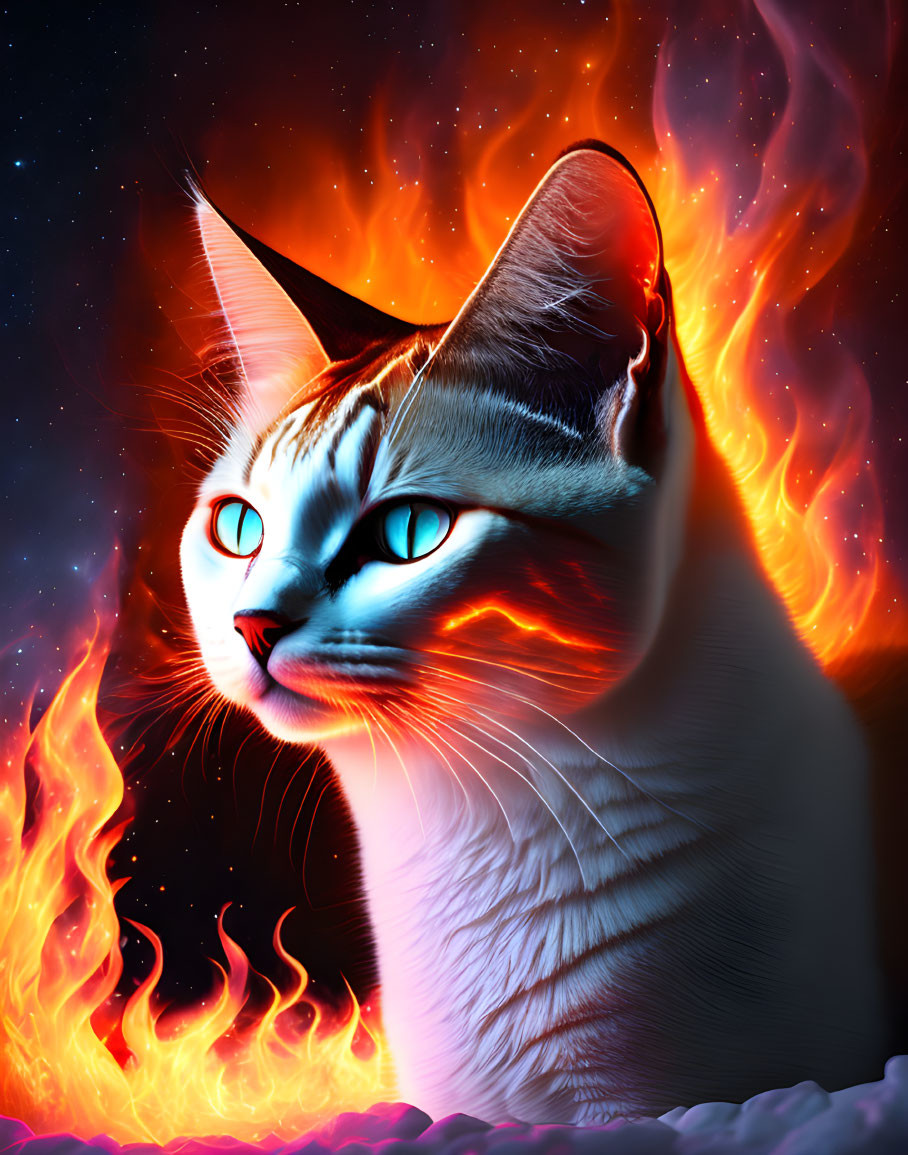 Digital illustration of cat with blue eyes and flames on starry night.