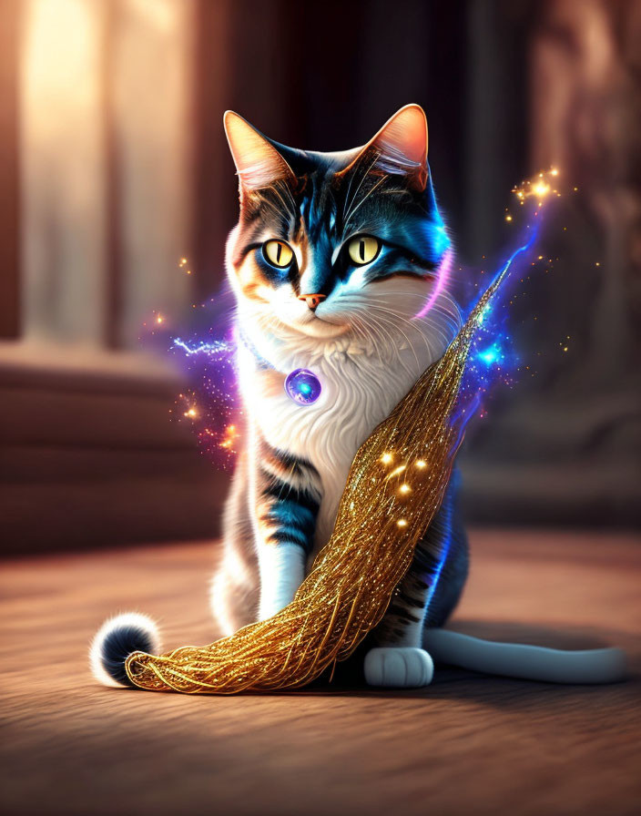 Majestic animated cat with cosmos pattern and golden wing in sunlit room