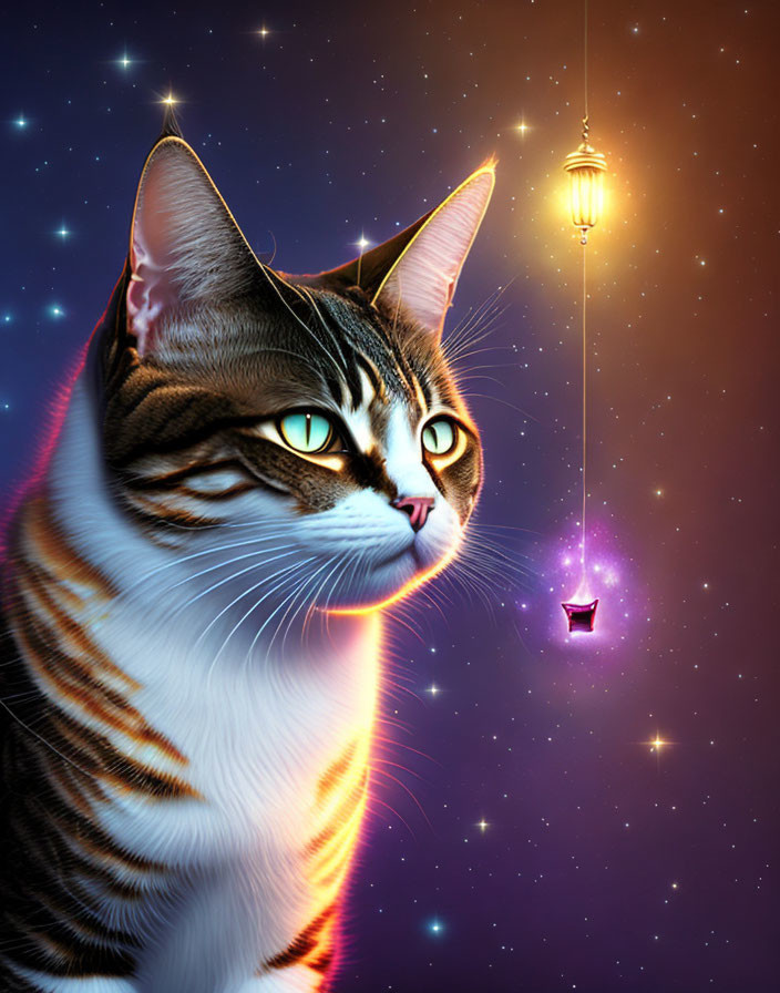 Digitally created cat image with glowing lantern on starry night sky.