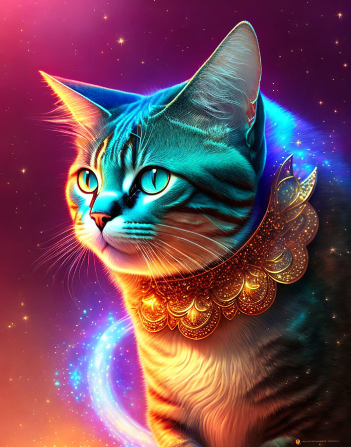 Colorful Cat Artwork with Cosmic Background and Golden Collar