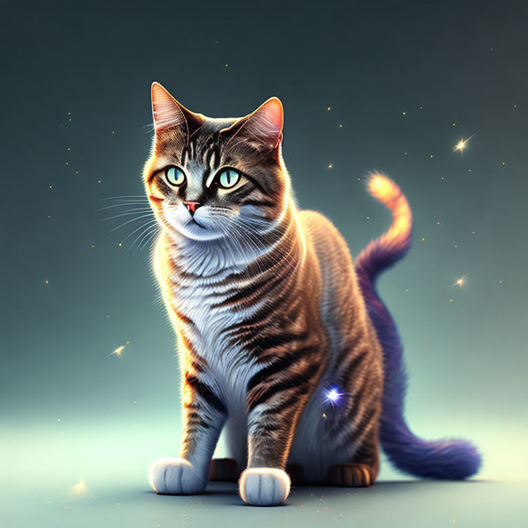 Striped Cat with Prominent Eyes on Starry Blue-Gray Background