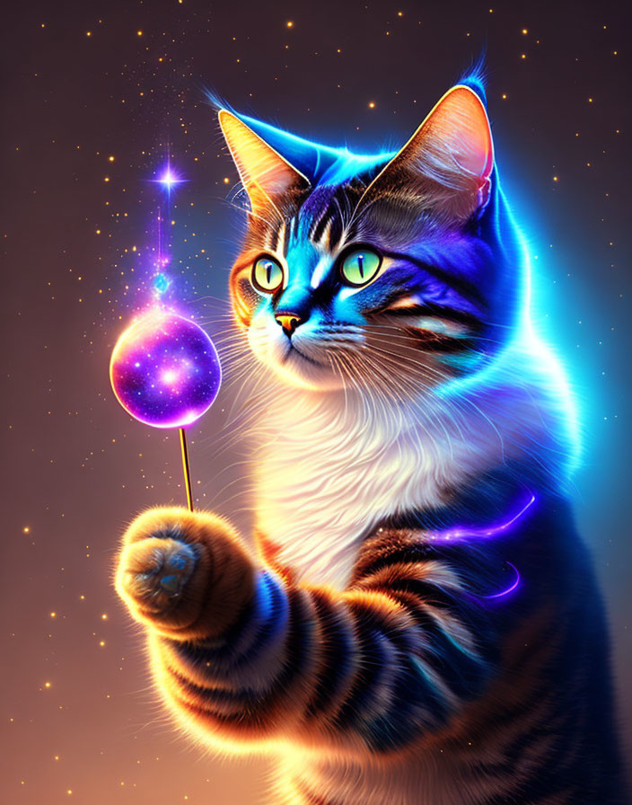 Tabby Cat Digital Art: Blue Cosmic Patterns & Star Object