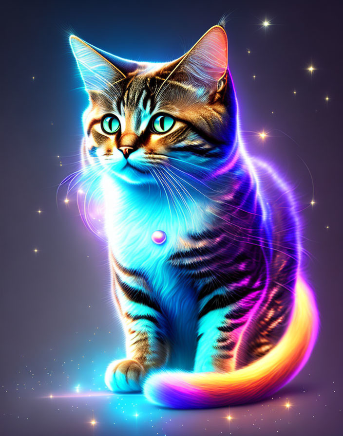 Vibrant digital artwork: Tabby cat with glowing stripes, blue eyes, starry background