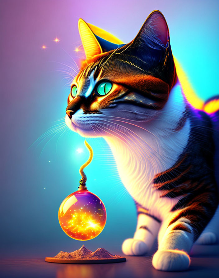 Colorful digital artwork: Cat with galaxy pendant on collar