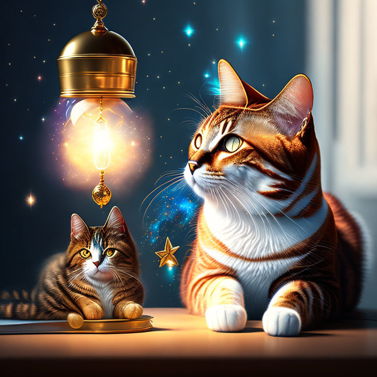 Two cats near a floating magical lamp under cosmic sky