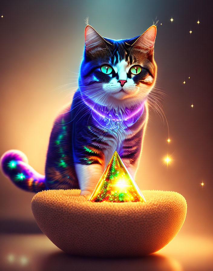 Digital Art: Cat with Sparkling Eyes on Cushion by Glowing Magical Pyramid