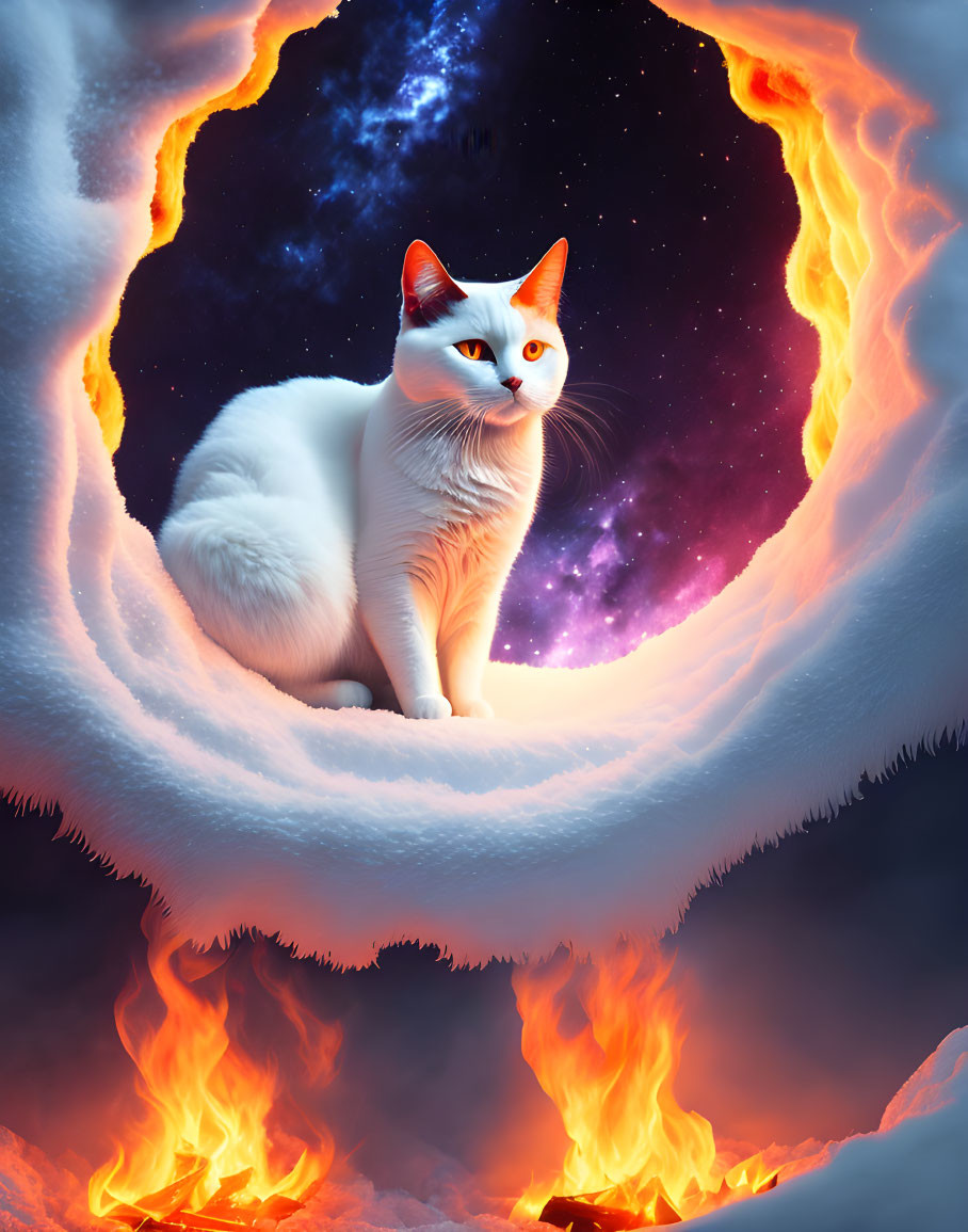 White Cat with Orange Spots in Fiery Cosmic Setting