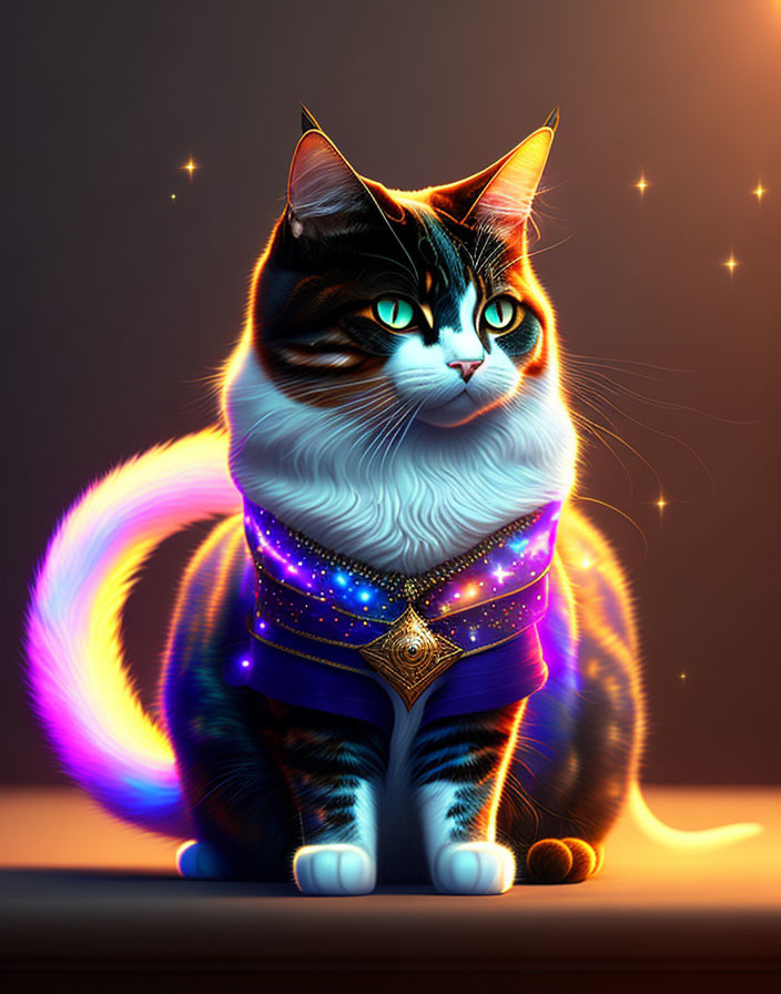 Illustrated majestic cat with glossy coat in cosmic-themed cloak.