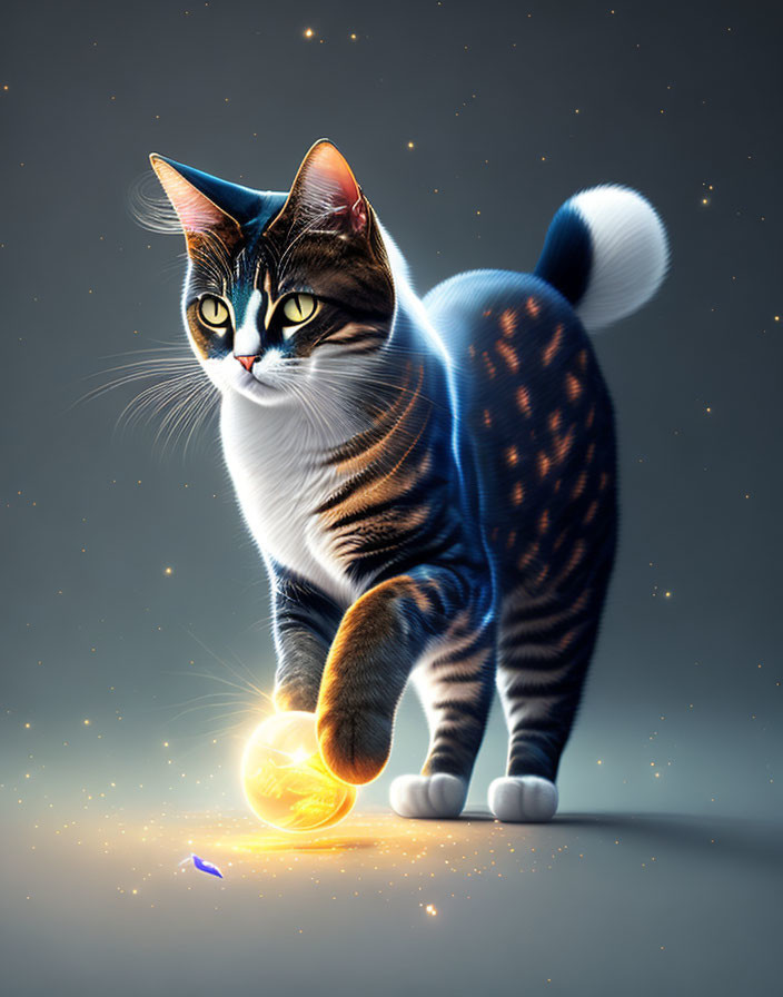 Cosmic cat digital artwork with glowing orb and stars