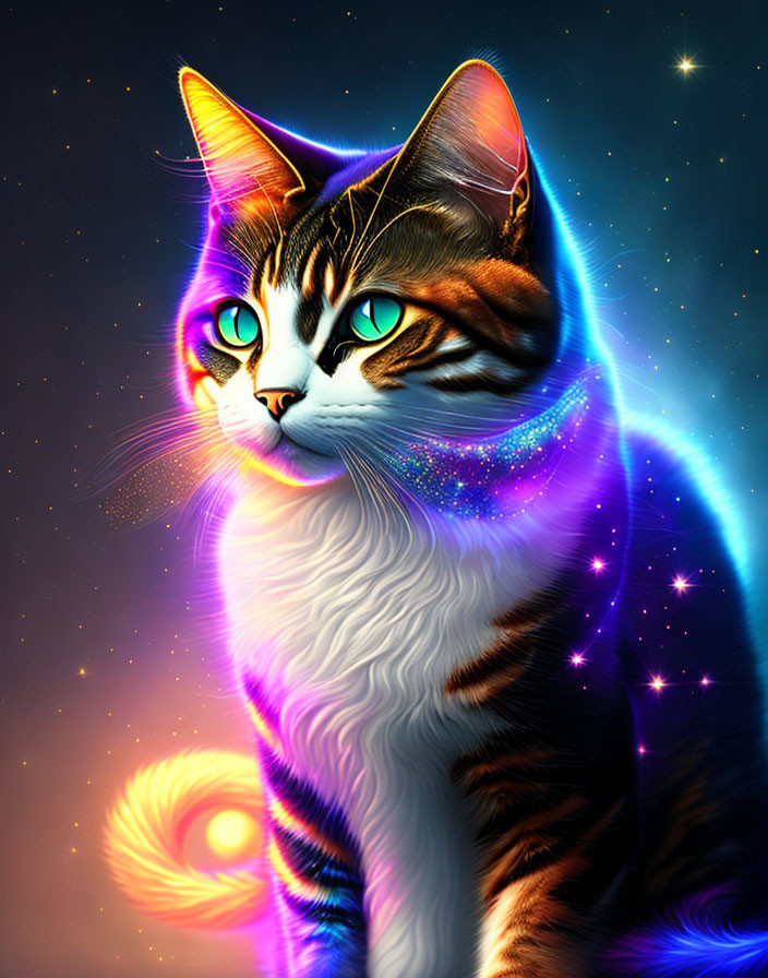 Cosmic-themed digital artwork featuring a cat with glowing blue eyes