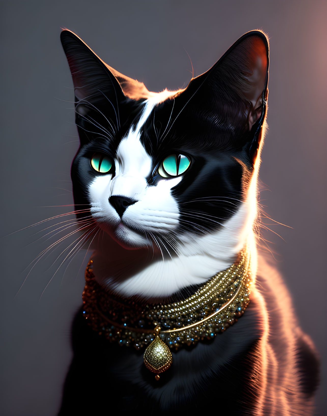 Black and white cat with green eyes in gold necklace under warm glow