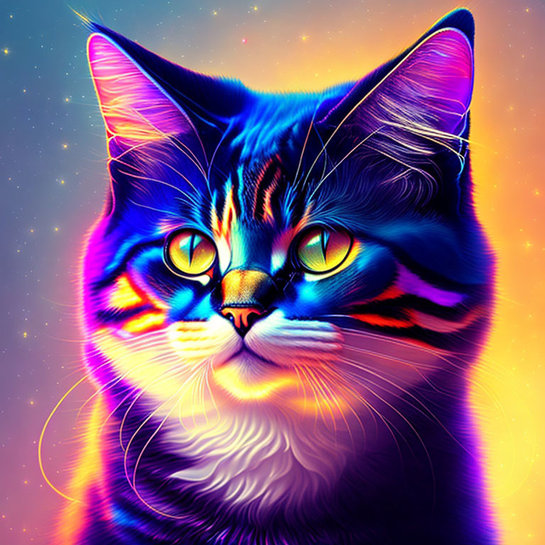 Colorful Neon Cat Artwork with Glowing Eyes & Cosmic Background