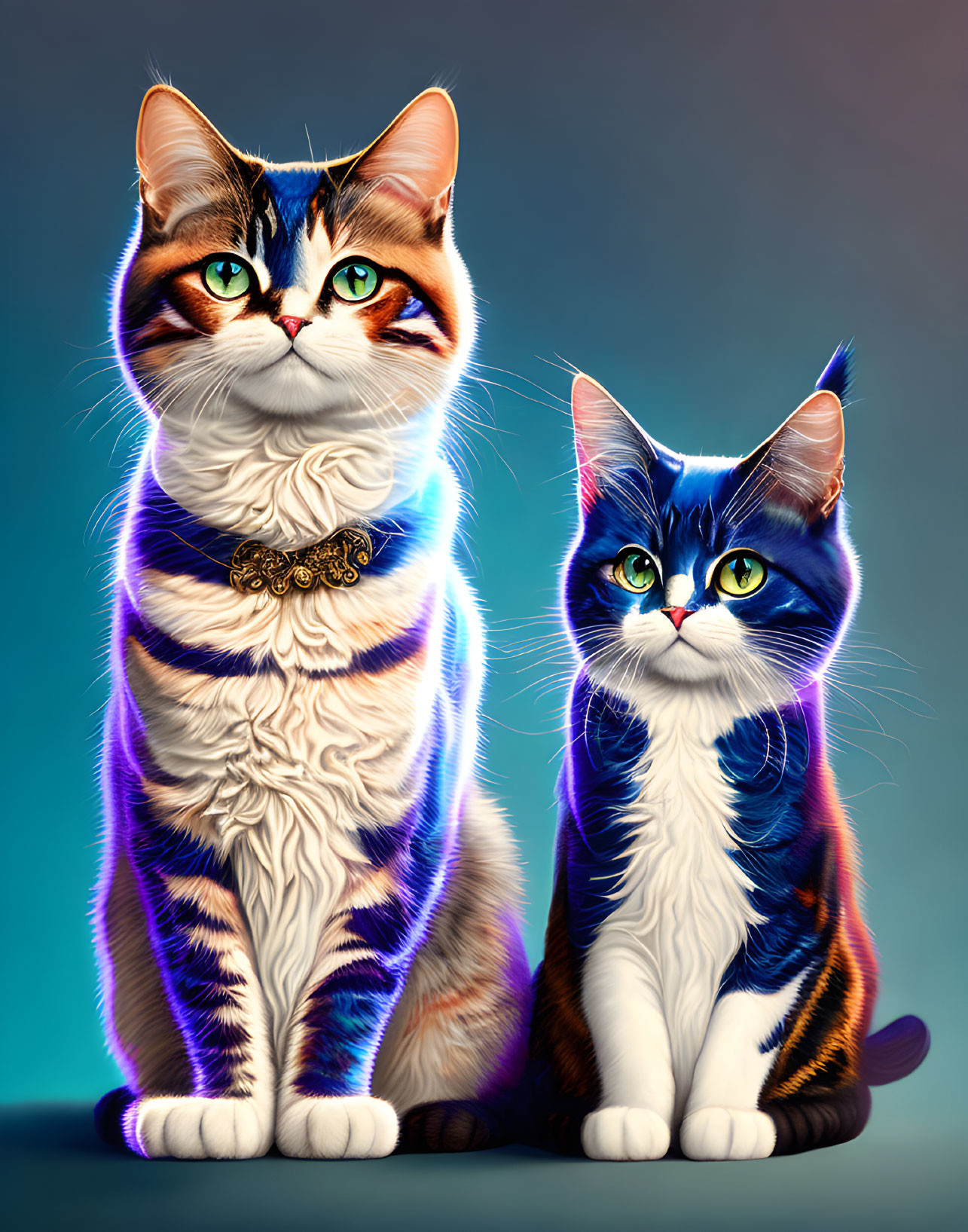 Colorful Illustrated Cats with Expressive Eyes on Gradient Background