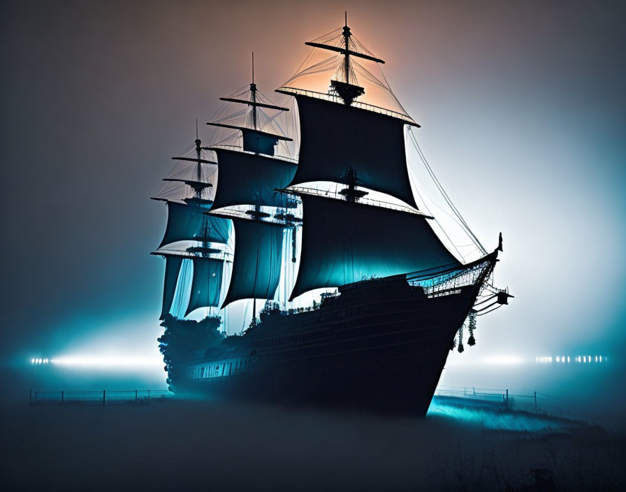 Majestic tall ship with unfurled sails floating above misty surface