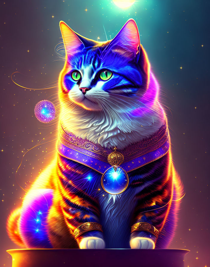 Majestic digital art: cat with blue eyes and mystical necklace on starry backdrop