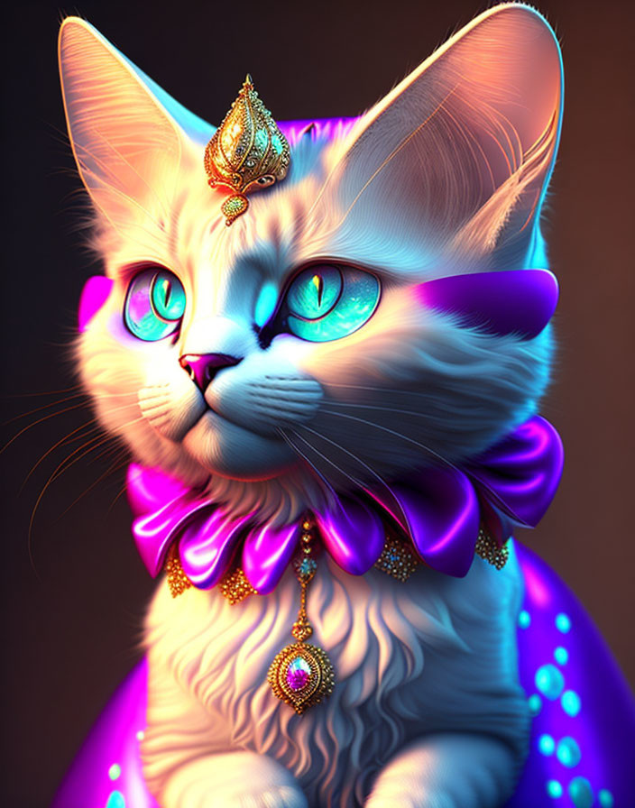 Majestic cat digital art with blue eyes, gold crown, pendant, and royal cape