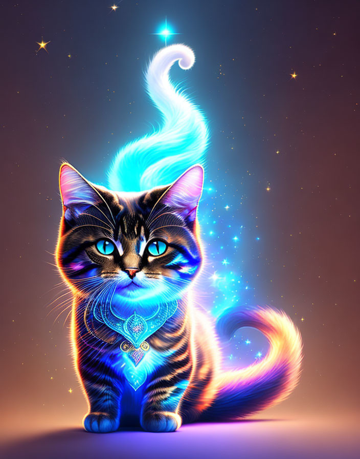 Digital art: Cat with glowing blue eyes, luminescent tail, heart pendant, starry background