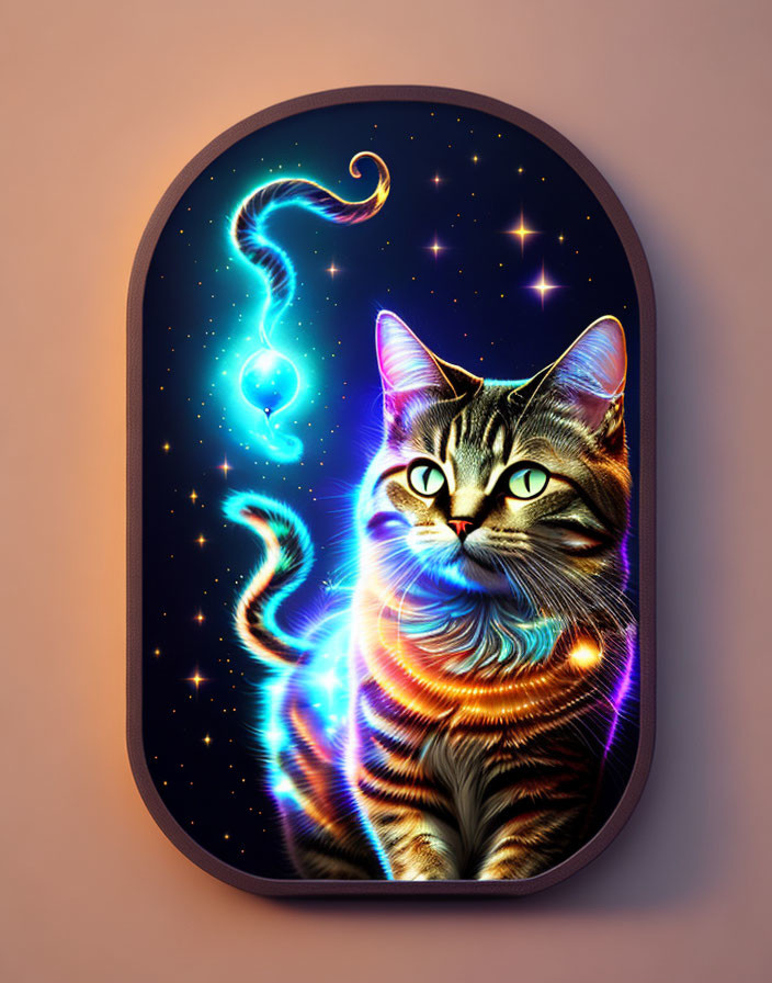 Colorful Psychedelic Cat Illustration with Cosmic Patterns on Starry Background