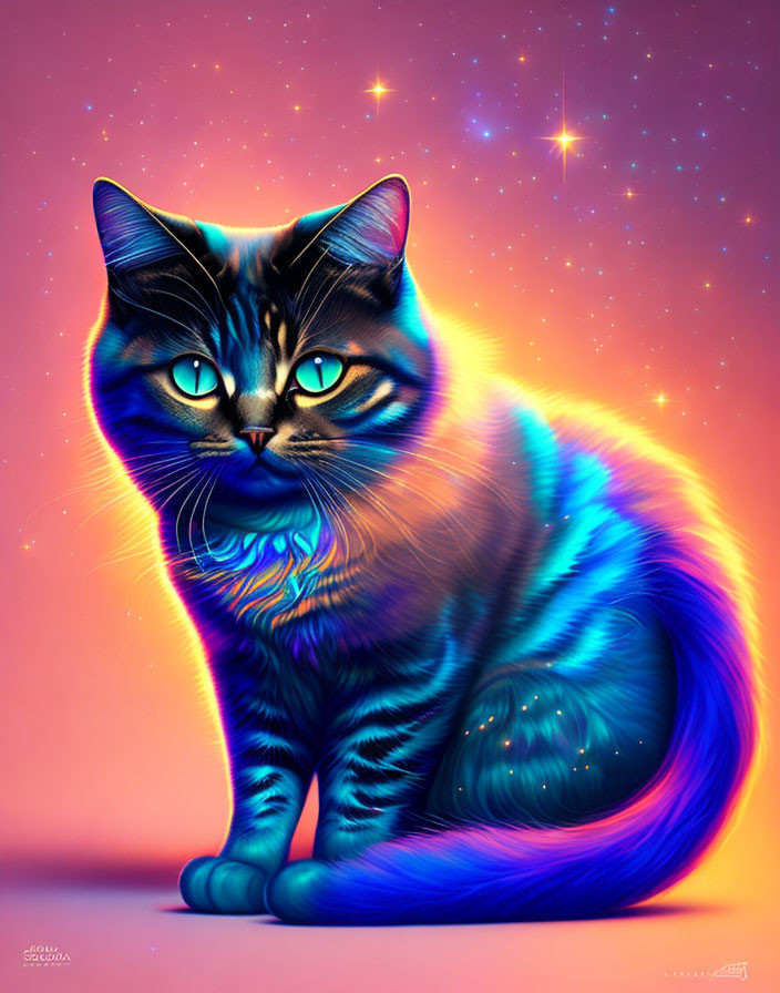 Colorful digital artwork: Cat in neon blue and purple on starry pink.