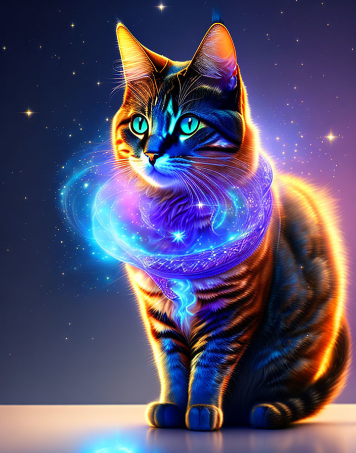 Colorful digital artwork: Cosmic cat with star-patterned fur and star scarf against starry backdrop