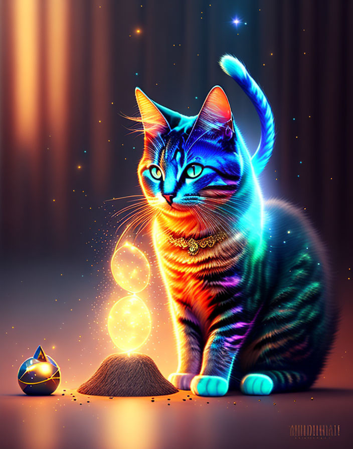 Colorful cat illustration with glowing patterns and orbs.