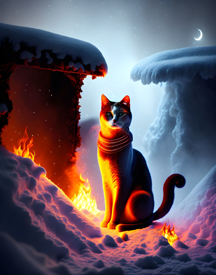 Cat in scarf sits by fire in snowy night with crescent moon.