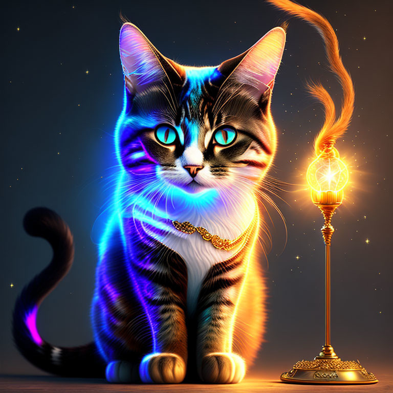 Stylized cat digital artwork with glowing blue patterns and golden jewelry