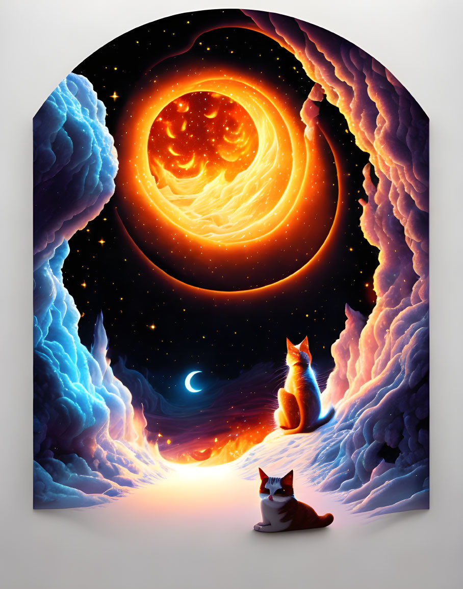 Colorful illustration of two cats under oversized moon in whimsical nightscape