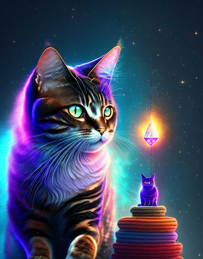 Digital art: Large cat with glowing aura beside smaller cat on colorful cushions, gazing at luminous