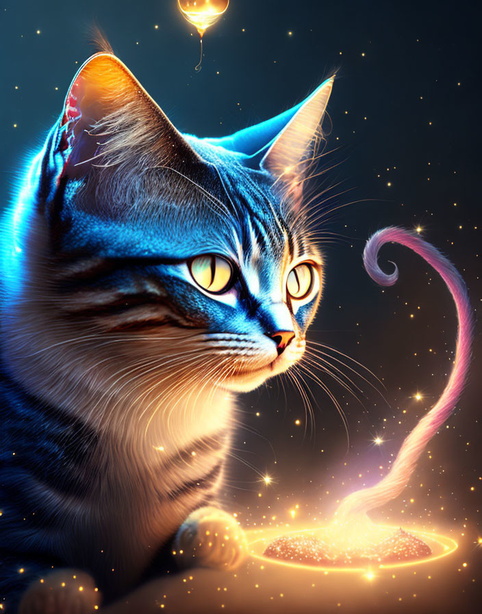 Fantastical cat with glowing eyes and stripes, gazing at light-emitting object in starry