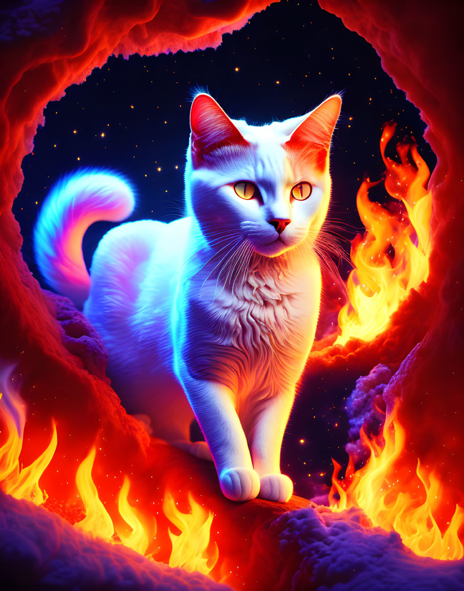 White cat with yellow eyes in fiery cave with blue fur and stars.