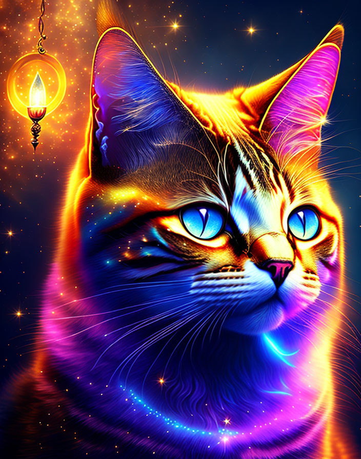 Tabby cat digital art: blue-eyed feline in cosmic setting