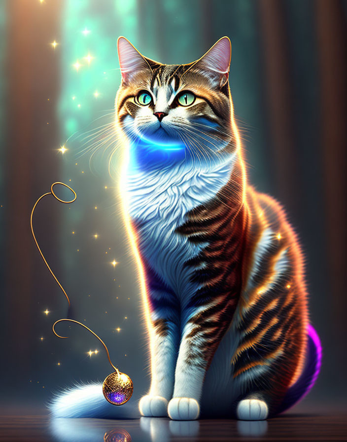 Tabby cat with glowing blue neck fur next to magical orb on wooden backdrop