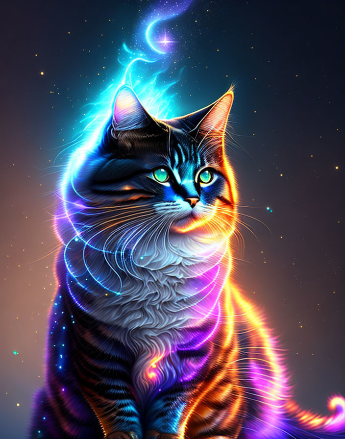 Colorful Cat Artwork with Cosmic Background and Glowing Stripes