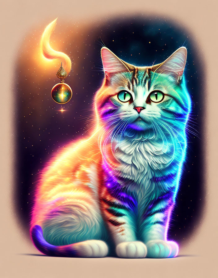 Colorful Cosmic Pattern Cat Illustration with Glowing Ornament