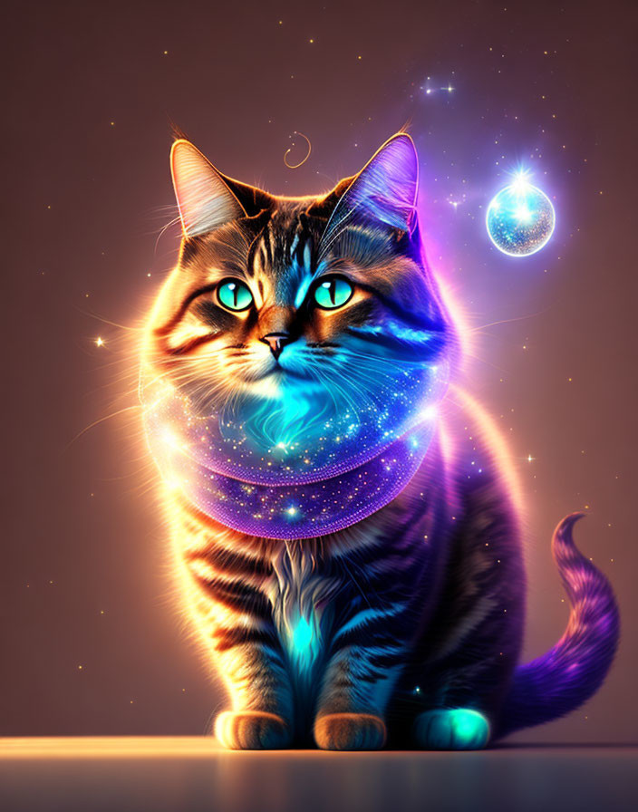 Digital artwork: Majestic cat with galaxy fur and cosmic collar on dark backdrop.